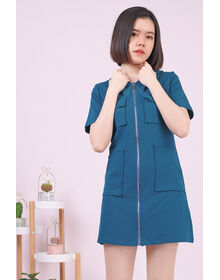 Fine Zip Front Pocketed Casual Dress With Cap (Teal Blue)